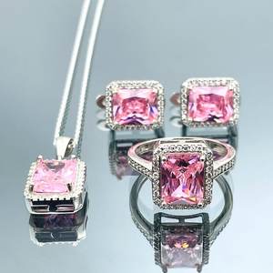 Handmade 925 Sterling <b>Silver</b> Pink Quartz Jewelry <b>Set</b> <b>Ring</b> Earrings Necklace Natural Crystal Elegant Gift For Women - Product Image 4