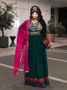 Vestido Afgano Kuchi Hecho a Mano, Étnico, Tribal, Tradicional, con Apliques de Encaje Bordado, Volantes, Cuello en V, Corte en A, Largo hasta la Rodilla, para Mujer - Product Image 5