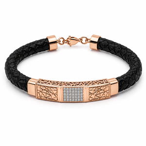Bracelet manchette en or massif 18 carats Namivaa, cuir tressé noir, diamants, design géométrique de luxe, poli miroir, pour homme, cadeau de mariage ou de fête - Product Image 5