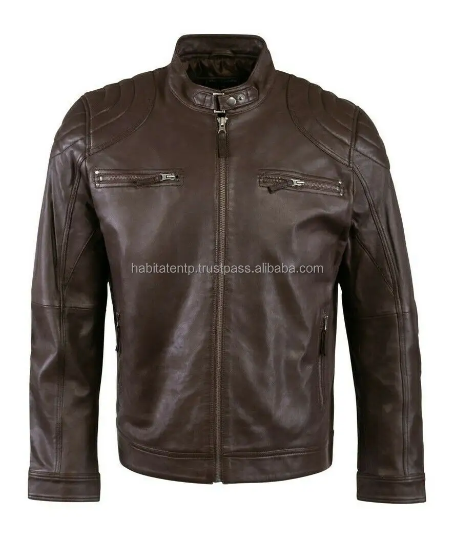 Blouson de motard en cuir véritable pour hommes, de motard Slim fit, noir, peau de mouton, vente en gros,