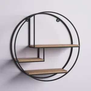 Étagère murale ronde industrielle en métal noir et bois, étagères flottantes géométriques, unité de rangement suspendue pour le salon - Product Image 3