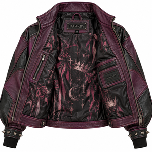 <b>Women</b> Plum Purple Leather <b>Jacket</b> Gothic Queen Portrait Graphic Printed Spiked Studded Stand Collar Bomber Coat Factory Offer - Product Image 5