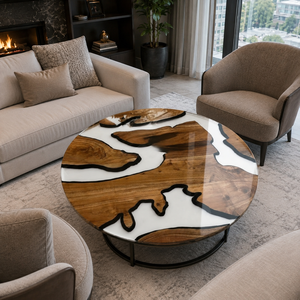 Custom Solid Wood White <b>Epoxy</b> Resin Round <b>Coffee</b> <b>Table</b> Luxury Designer Living Room Furniture - Product Image 1