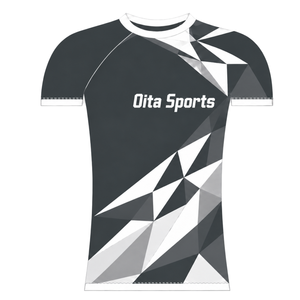 Maillot de compression athlétique gris anthracite et blanc à manches courtes, col ras du cou, motif géométrique, pour entraînement de performance et sports de rame - Product Image 1