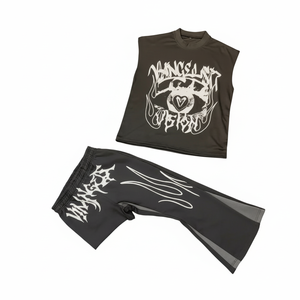 <b>men</b> Y2K Graphic Sleeveless <b>Crop</b> Top Flared <b>Pants</b> Matching 2 Piece Streetwear Set - Product Image 6
