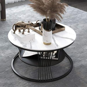 Table basse ronde moderne en contreplaqué avec finition effet marbre et structure en métal doré, table centrale contemporaine de luxe pour salon - Product Image 2