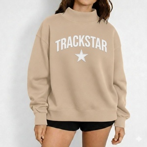 Womens Beige Oversized <b>Mock</b> <b>Neck</b> Sweatshirt Trackstar Embroidery Heavyweight Fleece <b>Top</b> - Product Image 5