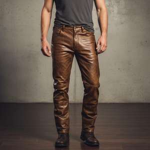 Pantalon en cuir d'agneau marron pour homme, finition cirée vieillie - Product Image 6
