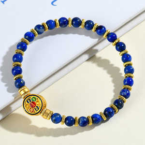 Bracelet simple en Lapis Lazuli Empereur avec incrustation de mantra à six mots naturel, technique de sertissage, pour femme, bouddhisme tibétain - Product Image 2