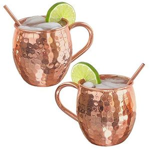 Set of 2 Hammered Copper Barrel Mugs with Matching <b>Straws</b> Moscow Mule Gift Set Barrel Style Mugs with <b>Straws</b> - Product Image 1