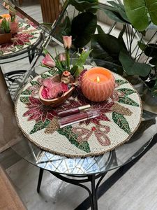 <b>Round</b> Beaded Table <b>Mat</b> With Floral Design Handmade Bohemian Style Fabric Decor 450 Mm Diameter - Product Image 3