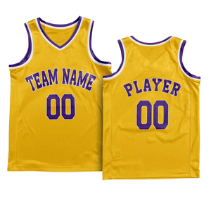 Ensemble d'uniformes de basket-ball jaunes personnalisés, style rétro, avec col blanc et violet, maillot et short, nom et numéro de l'équipe, style classique - Product Image 6