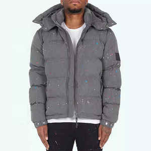 Unisex Gray Puffer <b>Jacket</b> With Hood Stand Collar Zipper Closure Glitter Dot Print Windproof Winter Coat Casual Style - Product Image 3