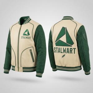 Veste universitaire en laine pour homme Stalwart, gris foncé, manches en cuir marron, logo brodé, col rabattu, style décontracté d'automne - Product Image 1