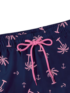 Shorts de bain pour homme en polyester/coton bleu marine uni, longueur genou, avec poches à cordon rose, séchage rapide, décontractés - Product Image 3
