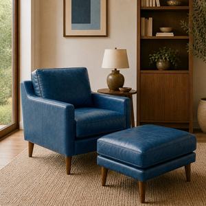 Fauteuil d'appoint moderne en cuir véritable bleu avec ottoman, ensemble de meubles de luxe pour coin lecture, idéal pour un espace de vie confortable - Product Image 1