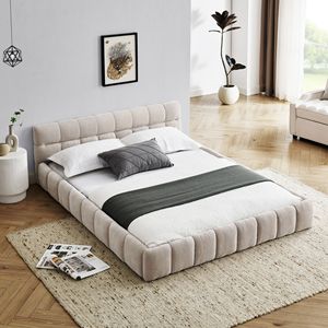 Letto matrimoniale imbottito con testiera in tessuto ciniglia spesso e piattaforma in legno massello - Product Image 1