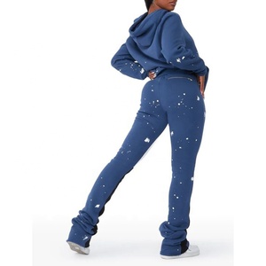 Pantalones de chándal acampanados con lavado ácido 2024 y Sudadera con capucha para mujer, joggers informales de invierno de dos piezas con conjuntos de prendas de vestir exteriores de diseño apilado - Product Image 1