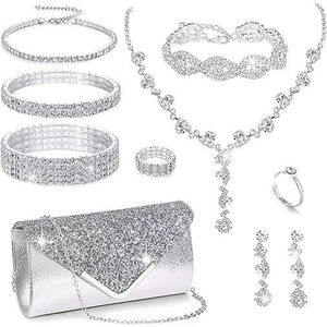 Set di Gioielli con Strass Argentati da 10 Pezzi per Donna, per Matrimoni, Balli di Fine Anno, Serate Eleganti, Borsa Clutch Scintillante e Collana per Sposa - Product Image 1