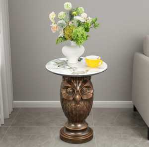 Owl Sculpture Side <b>Table</b> With Faux <b>Marble</b> Top Base Decorative Living Room Furniture Eclectic Style Antique Finish - Product Image 3