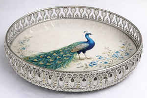 Plateau allemand en argent pichwai, motif paon, ensemble cadeau - Product Image 2