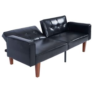 Divano Letto Futon Moderno Mid-Century con Schienale Trapuntato, Divano Reclinabile Regolabile, Gambe in Legno e Metallo, Divano Letto in Pelle PU - Product Image 4