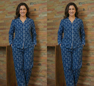 Conjunto de Pijama Térmico de Algodón Índigo Natural para Mujer, Estampado a Mano, Estilo Tradicional, para Primavera/Verano, Hecho en India - Product Image 6