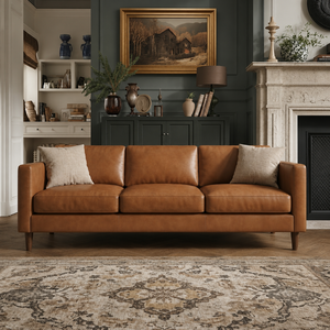 Modern Genuine Leather Three Seat <b>Sofa</b> With Wood Legs Tight Back Straight Arms Midcentury Living Room Furniture Leather <b>Sofa</b> - Product Image 1