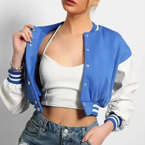 Blue White Color Blocking Varsity Jacket With <b>Button</b> Closure Short Length Preppy Style Regular Fit For Autumn Wear - Product Image 2