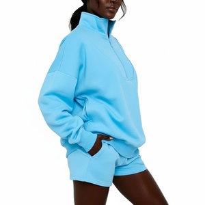 Women Oversized Half <b>Zip</b> Sweatshirt Set Custom Logo Tracksuit 2 Piece Shorts Set Casual Fleece Pullover Hoodie Set - Product Image 3