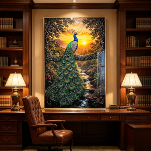 Luxury <b>Islam</b> Custom Golden Glitter Peacock Wall Art <b>Framed</b> Sunset Mountain Scenery LED Crystal Porcelain Painting Home Decor - Product Image 1