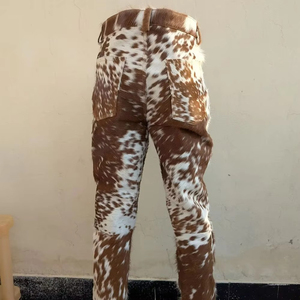 Pantalon en cuir de vache véritable pour homme et femme, style western, en cuir de vachette à poils, marron et blanc taché, coupe ajustée - Product Image 6