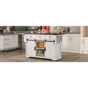Carrello da Cucina Stile Fattoria K K da 53,7 Pollici con Presa di Corrente, 2 Ante Scorrevoli, Vano Portaoggetti e Porta Spezie a Scomparsa - Product Image 2
