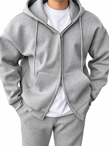 Ensemble de survêtement texturé pour homme avec sweat à capuche zippé, veste décontractée à épaules tombantes et pantalon assorti – Vente en gros - Product Image 1