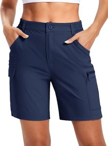 Short cargo gris pour femme, taille haute, fermeture boutonnée, séchage rapide, coupe sportive avec poches, style classique, couleur unie, tissu tricoté - Product Image 3