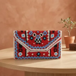 Women Beaded <b>Envelope</b> Clutch Geometric Pattern Bohemian Style Flap Closure Party Wedding Handbag - Product Image 1