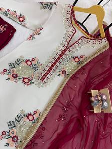 Designer faux georgette kurti pant set with heavy embroidery <b>sequins</b> gota piping pearl moti dupatta festive ethnic wear - Product Image 5