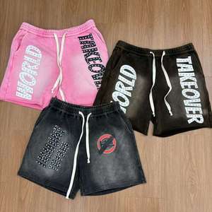 Shorts vintage personnalisés pour hommes, effet délavé, ourlet roulé, 100 % coton, motif uni, taille mi-haute, respirant, tricoté, avec cordon de serrage orné de strass - Product Image 1