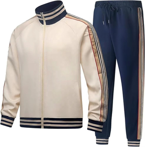 <b>Men's</b> Sporty Tracksuit Set Cream Navy Striped Full Sleeve Zipper <b>Jacket</b> Jogger Pants Breathable Autumn Wear Regular Fit - Product Image 2