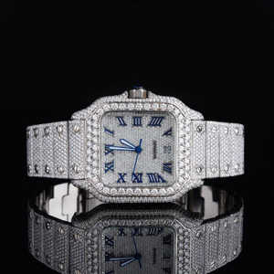 Montre de luxe pour homme sertie de diamants carrés, cadran bleu romain, acier inoxydable, automatique, haut de gamme - Product Image 1