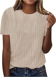 T-shirt décontracté en coton tricoté à col rond et manches courtes pour femme, coupe ajustée, usage régulier, été, 100 % coton, couleur unie - Product Image 3