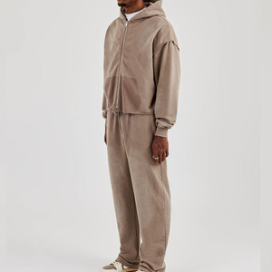 Unisex Brown Cotton Tracksuit <b>Hooded</b> Full <b>Zip</b> Sweatshirt And Pants Set With Printed Letters And Angel Design Streetwear Style - Product Image 2