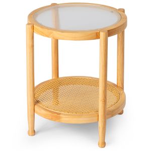 Tavolino da Caffè in Rattan Fatto a Mano Stile Boho 50 cm con Piano in Vetro, Tavolino Piccolo per Soggiorno e Balcone - Product Image 1