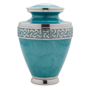 Urnas de cremación de aluminio para adultos con banda de grabado personalizable, acabado en esmalte plateado y verde azulado para cenizas humanas. - Product Image 1