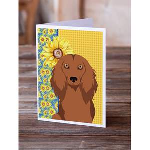 Summer Sunflowers Red Dachshund Tarjetas de felicitación Pack 8 Whimsical A7 Tamaño 5x7 Tarjetas de notas en blanco Sobres Estilo de pelo largo para - Product Image 2