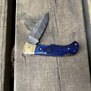 Cuchillo de bolsillo Burraq DIY OEM personalizado hecho a mano de acero de Damasco con mango de madera y funda de cuero, regalo de aniversario, regalo para padrinos de boda - Product Image 2