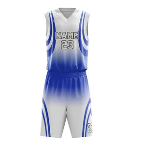 Ensemble de maillots de basket-ball sublimés personnalisés, col en V, sans manches, dégradé bleu et blanc, évacuation de l'humidité, vêtements de sport unisexes pour adultes - Product Image 1