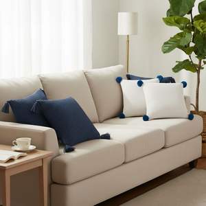 SOGA 5PC Chunky Knit <b>Navy</b> Blue and Cream White Ribbed <b>Pillow</b> Cover Set with Pom-Poms for Sofa Decor - Product Image 2