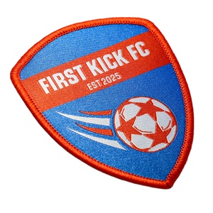 First <b>Kick</b> FC <b>Shield</b> Emblem On Custom Woven Patches and Custom Embroidered Woven Heat Press Patch With Soccer Ball Graphic - Product Image 1