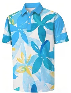 Men's Teal Floral Print Button Front Casual Breathable Jersey Knitted Digital Printed Cotton Short Sleeve Shirt - Product Image 6